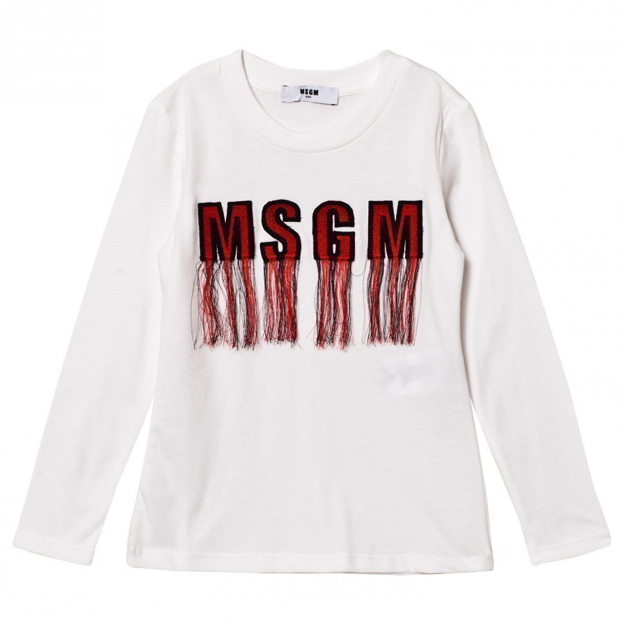 Msgm White Tassled Logo Long Sleeve Tee T-Paita