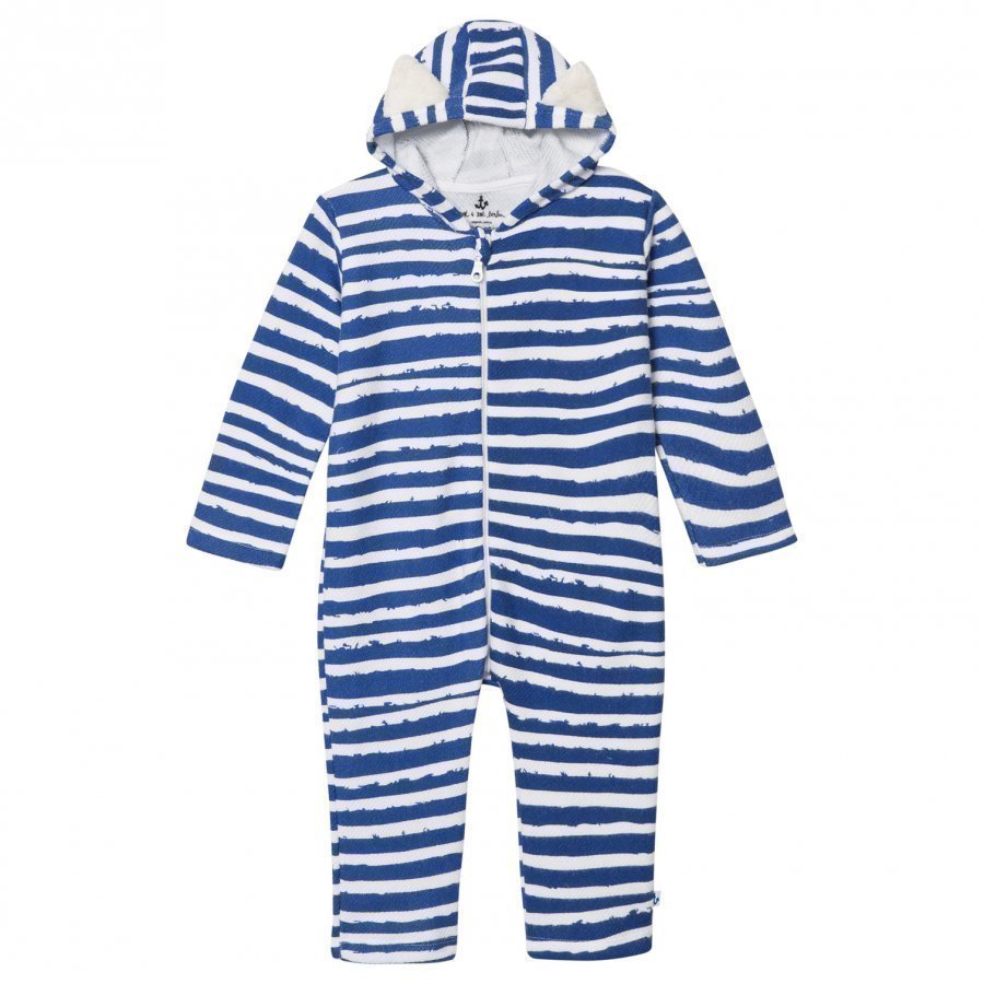 Noe & Zoe Berlin Blue Stripes Printed Hooded Onesie Kokopuku