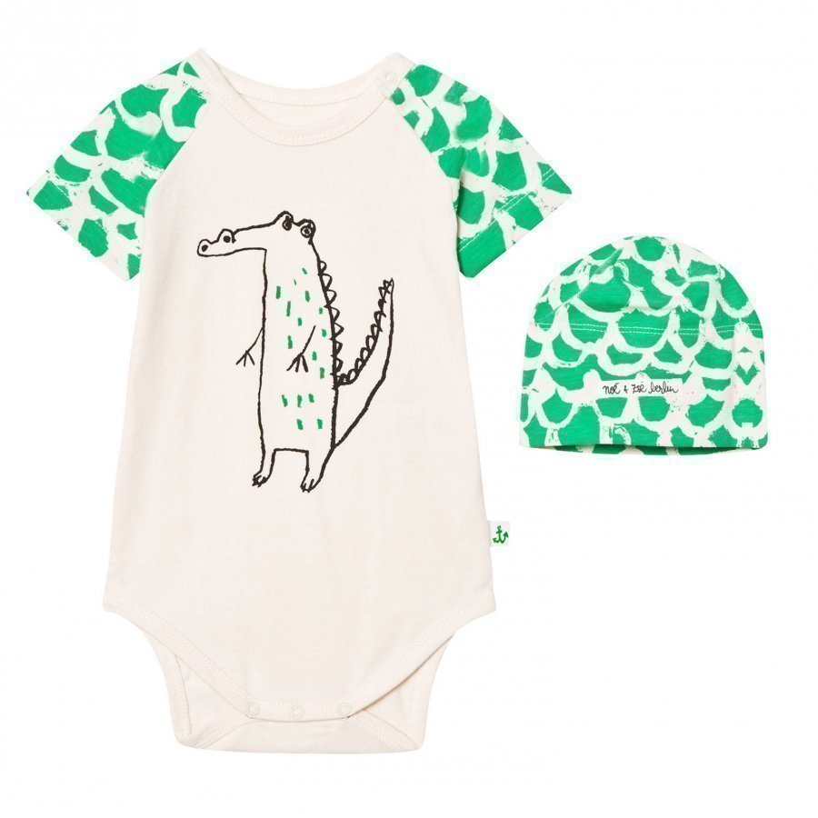 Noe & Zoe Berlin Green Crocodile Print Baby Body And Hat Gift Box Body