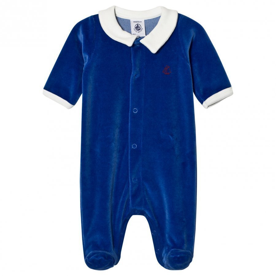 Petit Bateau Blue Velour Footed Baby Body