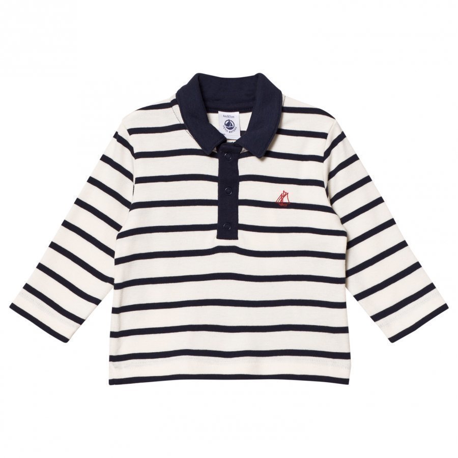 Petit Bateau Long Sleeve Polo Tee Marine Cream Pikeepaita