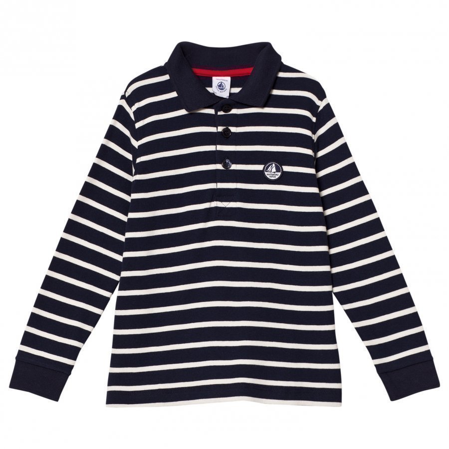 Petit Bateau Long Sleeve Vintage Polo Tee Marine Cream Stripe Pikeepaita