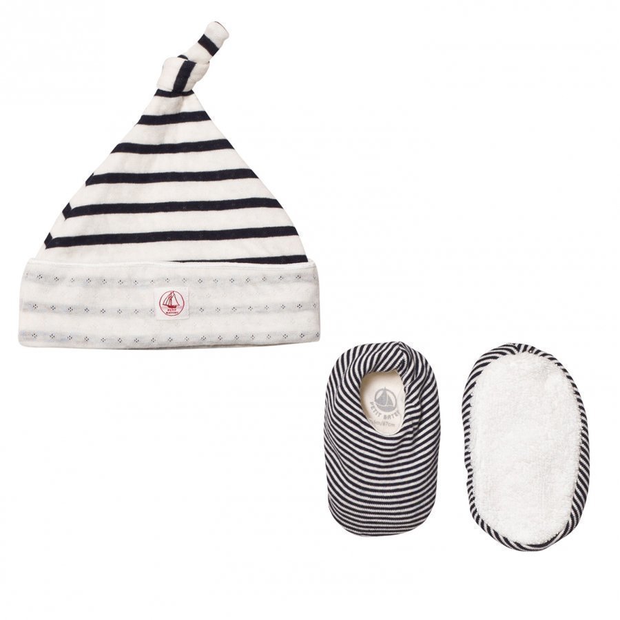 Petit Bateau Newborn Hat And Booties Set Creme Marine Stripe Pipo