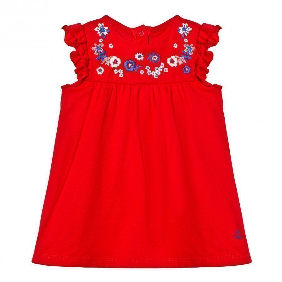 Petit Bateau Red Floral Embroidered Yoke Dress Juhlamekko