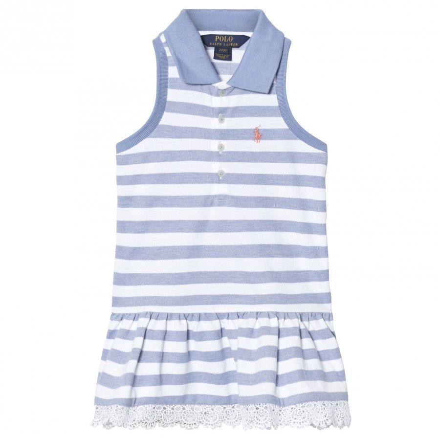 Ralph Lauren Blue And White Sleeveless Pique Dress With Broderie Hem Mekko