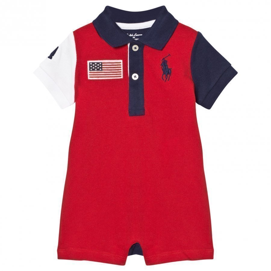 Ralph Lauren Cotton Mesh Polo Shortall Red Romper Puku