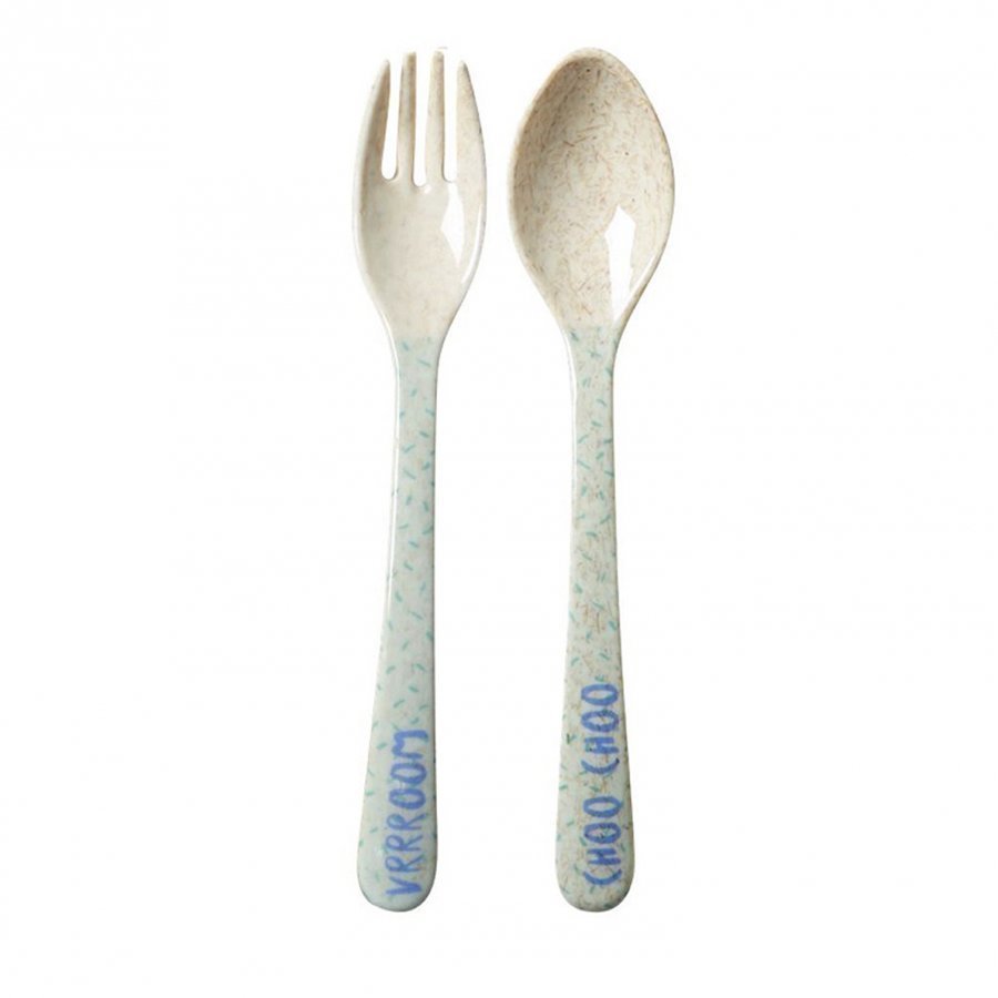 Rice A/S Kids Bamboo And Melamine Spoon And Fork Race Print Ruokailuvälineet