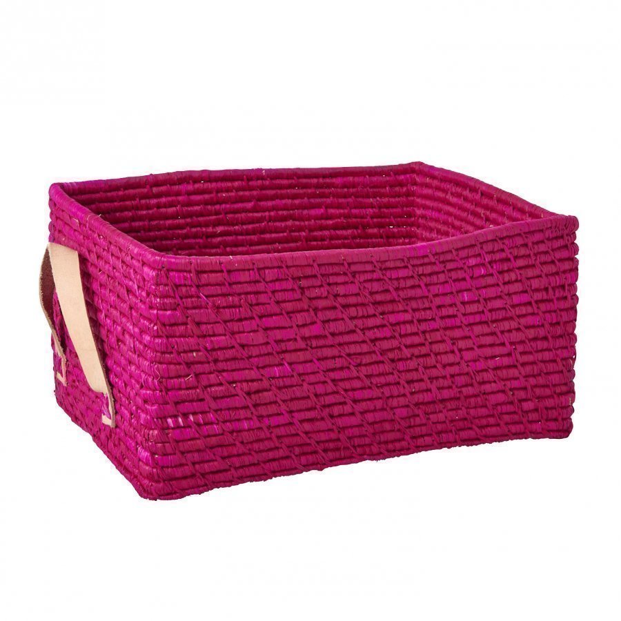 Rice Rectangular Raffia Basket With Leather Handles Fuchsia Säilytyskori