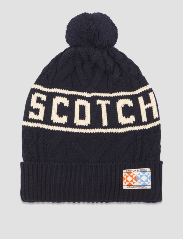 Scotch & Soda Knitted Beanie With Logo Intarsia Hattu Sininen