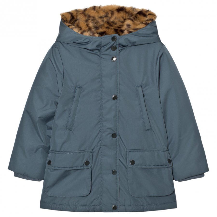 Stella Mccartney Kids Blue Blythe Hooded Jacket Tiger Faux Fur Lining Parkatakki