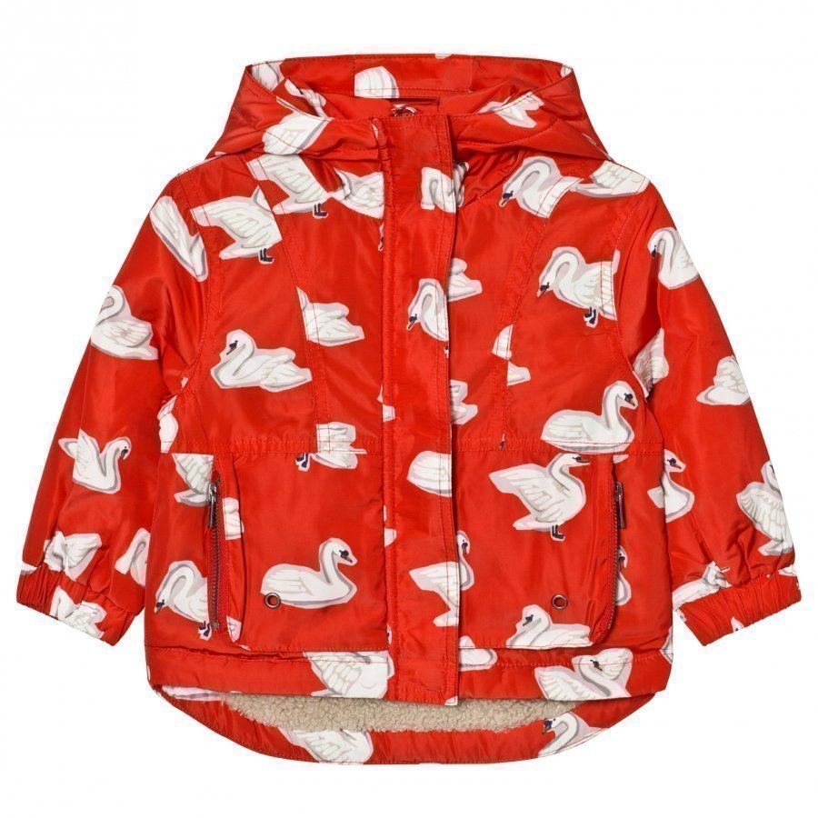 Stella Mccartney Kids Red Swan Print Rhonda Hooded Coat Toppatakki