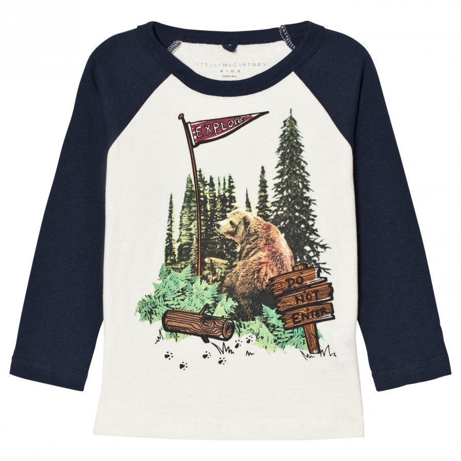 Stella Mccartney Kids White And Blue Bear Print Raglan Tee T-Paita