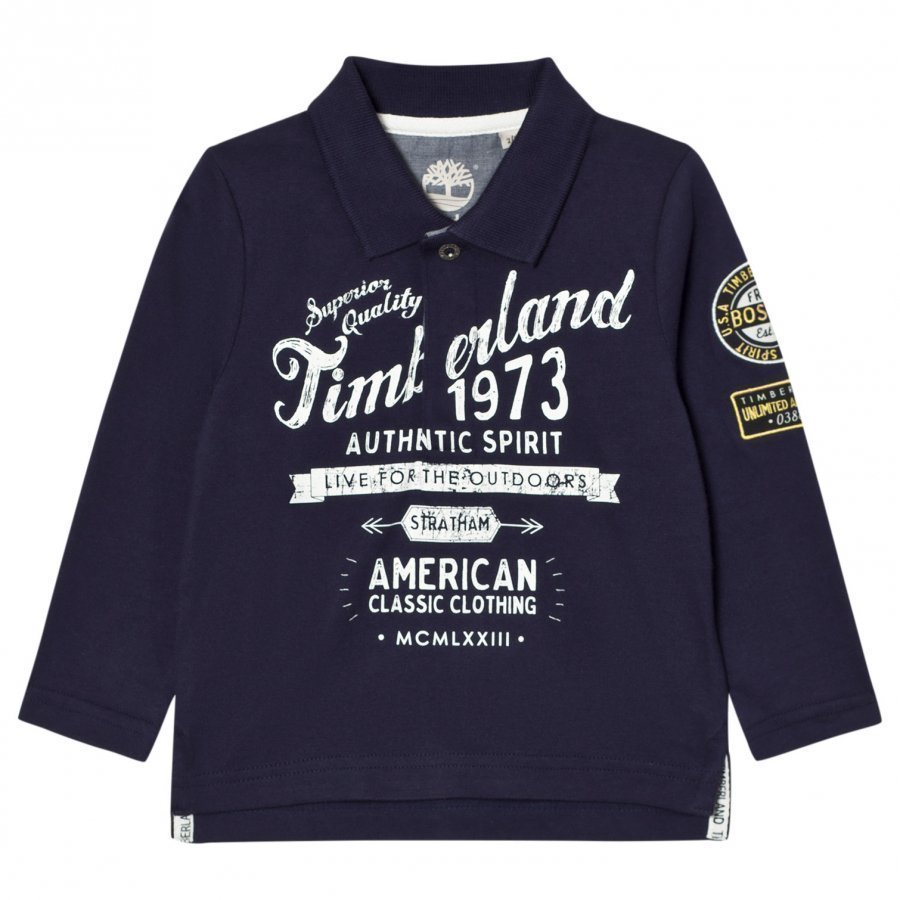 Timberland Navy Printed Branded Long Sleeve Polo Pikeepaita