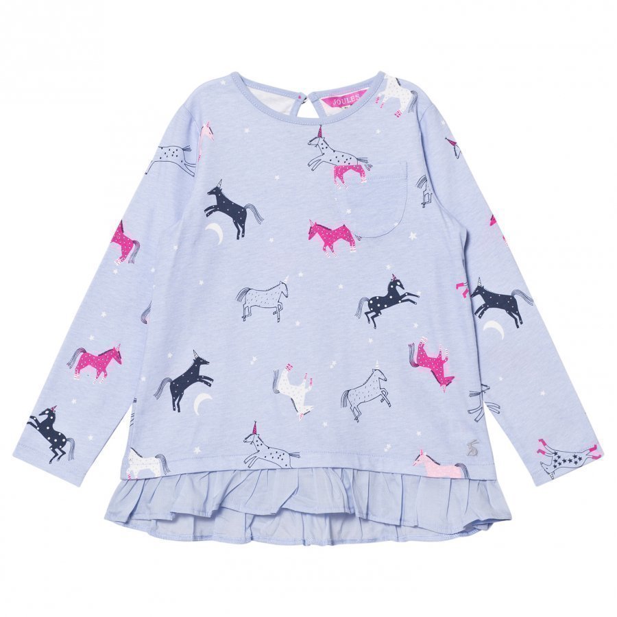 Tom Joule Blue Dancing Unicorns Print Ruffle Hem Tee Pitkähihainen T-Paita