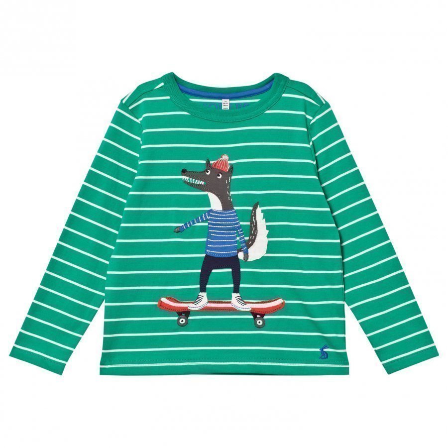 Tom Joule Green And White Stripe Skater Wolf Applique Tee Pitkähihainen T-Paita