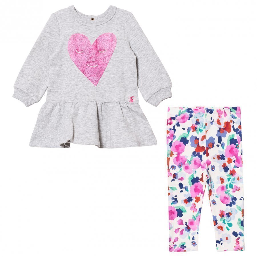 Tom Joule Grey Marl Glitter Heart Print Dress With Floral Leggings Set Asusetti