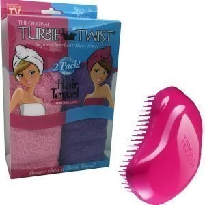 Turbie Twist Hiuspyyhe 2 kpl Liila + Tangle Teezer Hiusharja Vaaleanpunainen Paketti