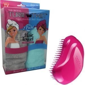 Turbie Twist Hiuspyyhe 2 kpl Turkoosi + Tangle Teezer Hiusharja Vaaleanpunainen Paketti