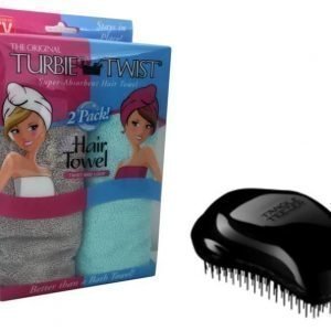 Turbie twist Hiuspyyhe 2 kpl Turkoosi/Harmaa + Tangle teezer Hiusharja Musta Paketti