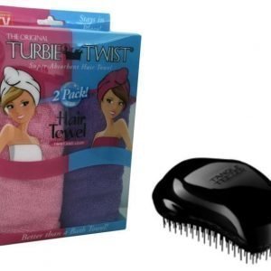 Turbie twist Hiuspyyhe 2 kpl Vaaleanpunainen/Lila + Tangle teezer Hiusharja Musta Paketti