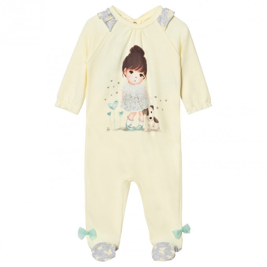 United Colors Of Benetton Girl Print L/S Overall With Frill Shoulder Details Pyjamas Lemon Yöpuku