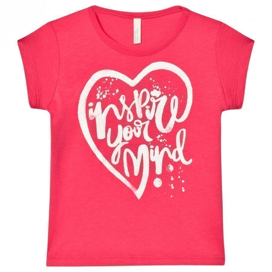 United Colors Of Benetton Glitter Heart Print Tee Fuschia Pink T-Paita