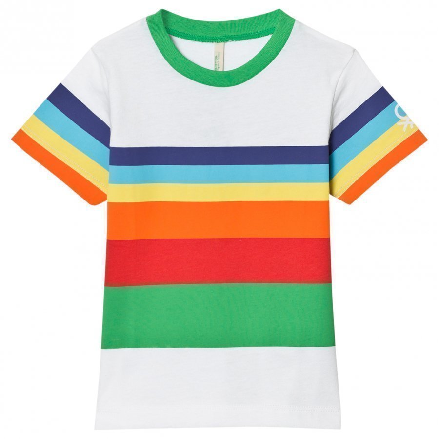 United Colors Of Benetton Multi Color Stripe Logo T-Shirt White T-Paita