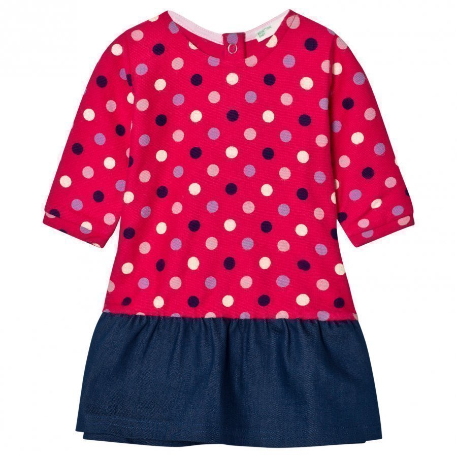 United Colors Of Benetton Polka Dot Jersey Sweater Dress With Denim Skirt Fuschia Mekko