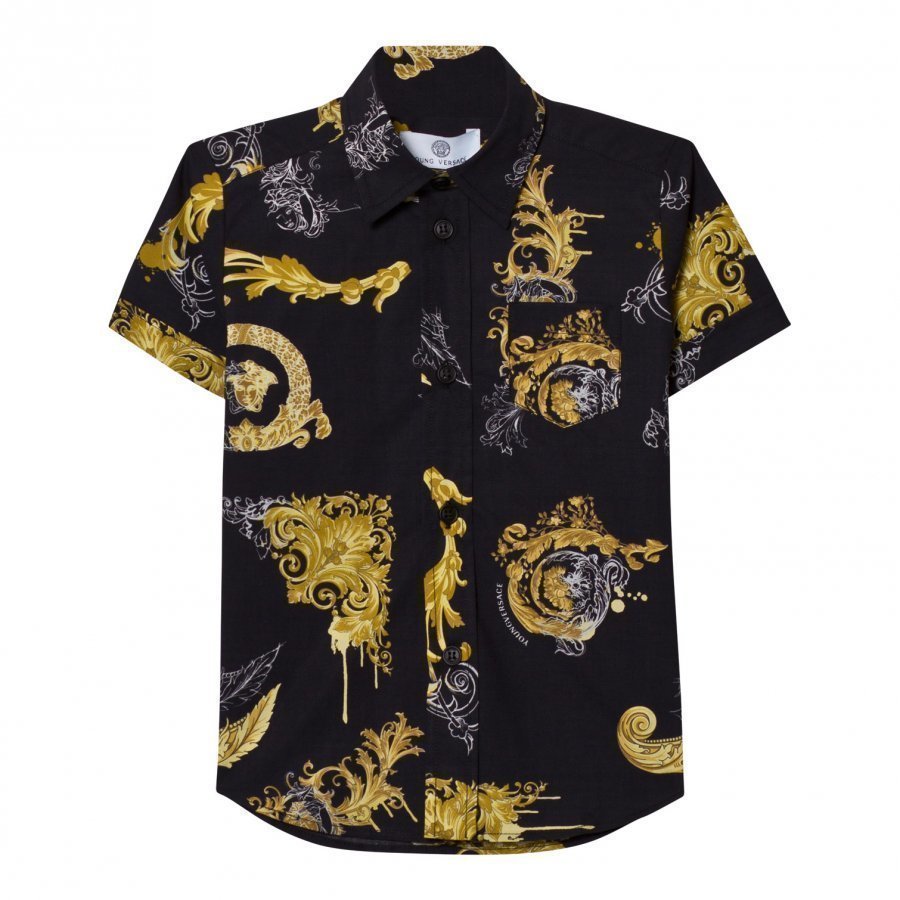 Young Versace Black And Gold Baroque Print Shirt Kauluspaita