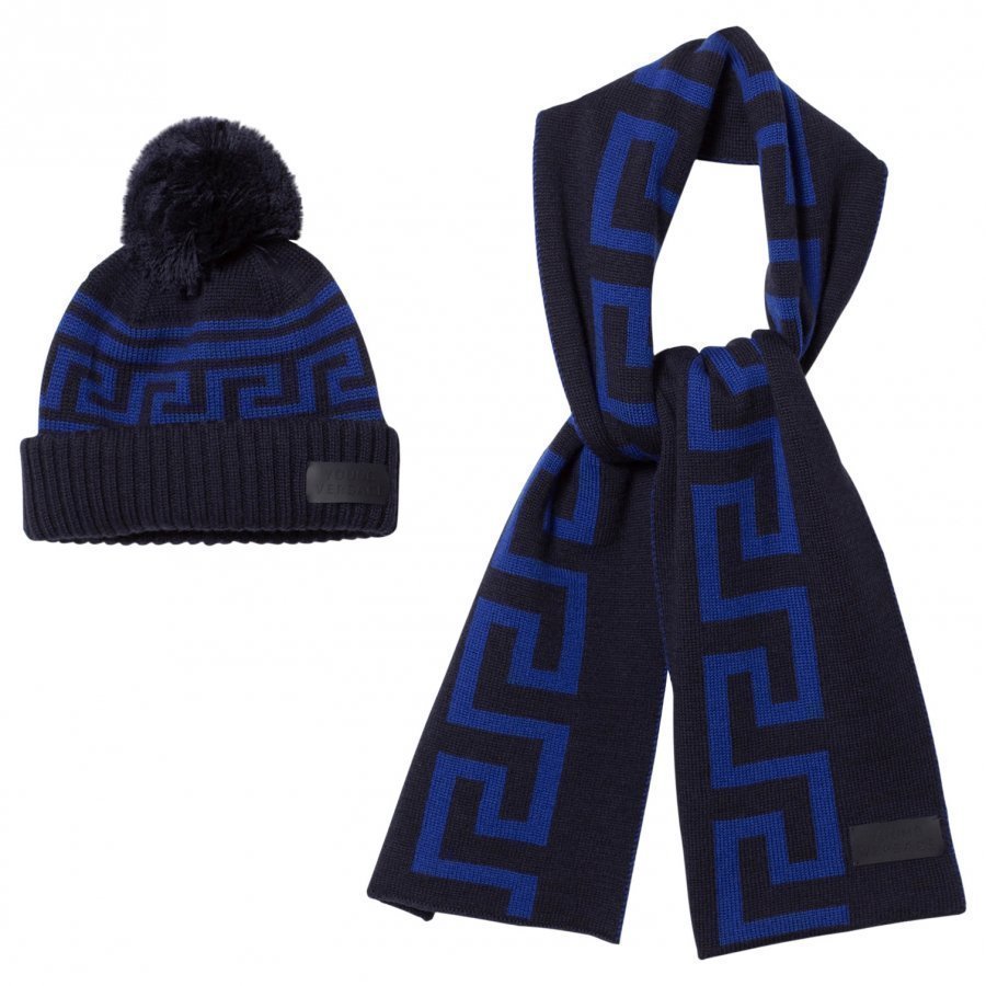 Young Versace Navy And Blue Branded Knit Hat And Scarf Set Lahjasetti