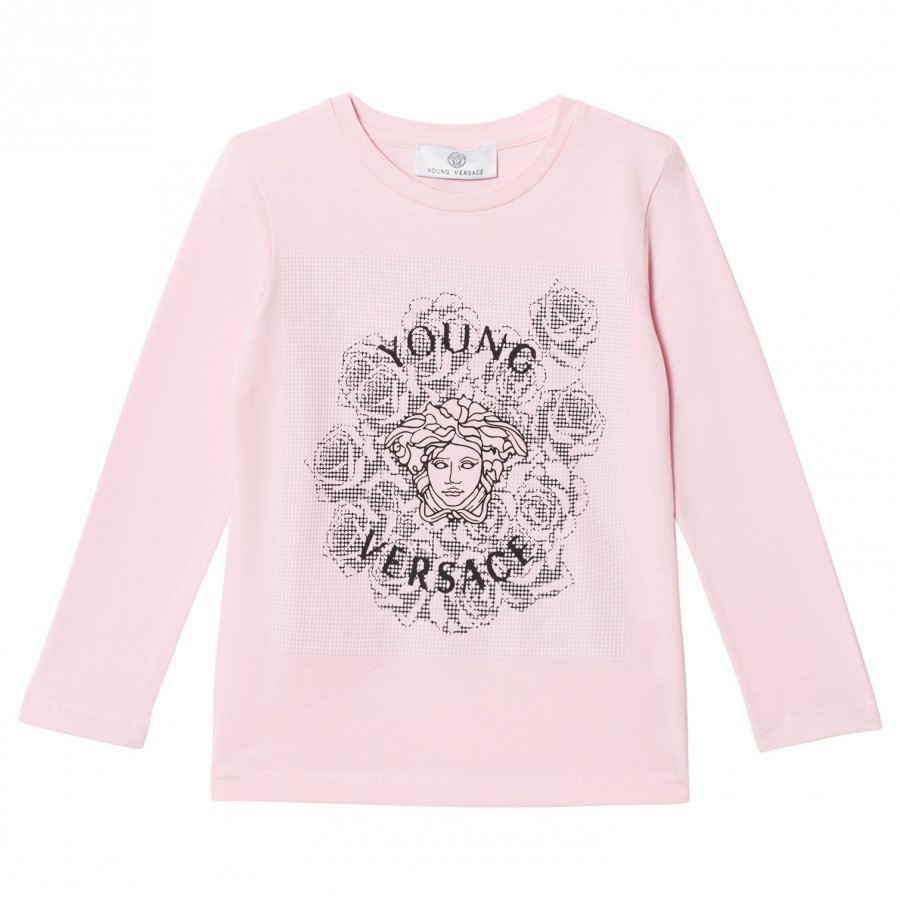 Young Versace Pink Medusa And Rose Studded Long Sleeve Tee Pitkähihainen T-Paita